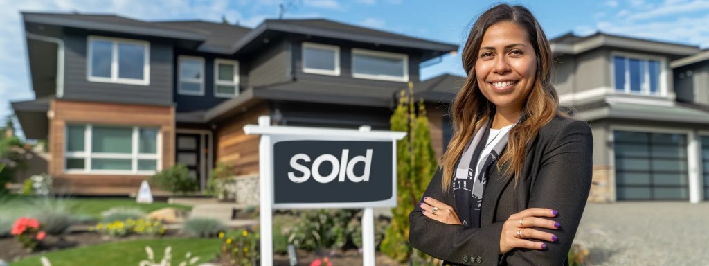 a confident real estate agent stands in front of a vibrant "sold" sign outside of a modern, newly sold home.