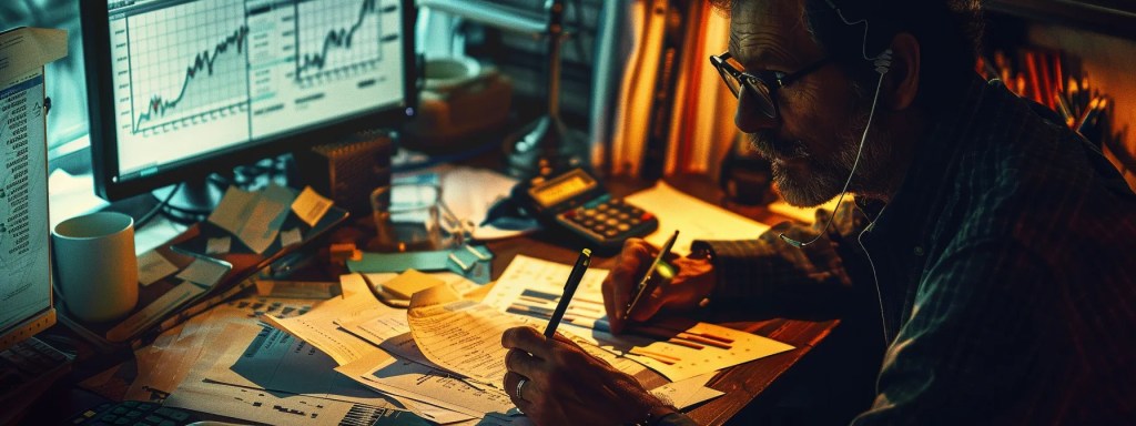 a person analyzing financial graphs and charts on a computer screen, surrounded by papers and a calculator, with a focused and determined expression.