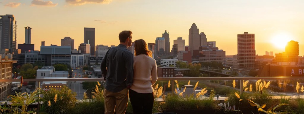 amidst a bustling cityscape, a real estate agent advises a couple on a rooftop terrace overlooking the skyline of columbus, showcasing the potential for strategic property purchases post-election.