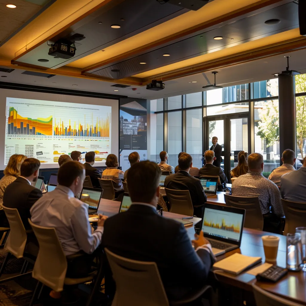 a dynamic real estate conference room filled with diverse professionals engaged in animated discussions over sleek digital presentations and vibrant market trend graphs projected on large screens, highlighting the key 2025 real estate market predictions for buyers and sellers.